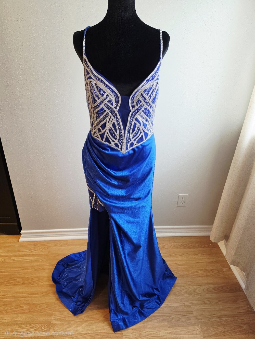 Blue Embellished Spaghetti-Strap Evening Gown
